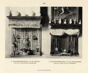 220377 Afbeelding van de schoorsteenmantels uit de keuken (links) en kraamkamer (rechts) van het 17e eeuwse poppenhuis, ...